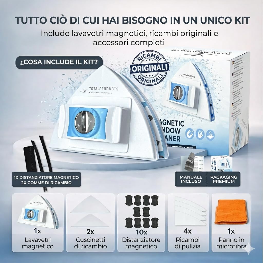 Lavavetri Magnetico Regolabile 3-30 mm, Pulitore Vetri Doppia Faccia, Corda di Sicurezza, Ricambi e Manuale