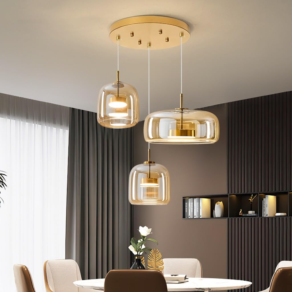 Pendelleuchte Esstisch Hängelampe Glas 3 Flammig Hängeleuchte Vintage Bernstein Esstischlampe Retro E27 Pendellampe Höhenverstellbar Für Esszimmer Wohnzimmer Küche Restaurant(Amber,3 lights-A)