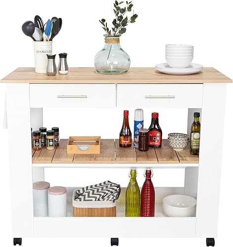 Brooklyn 80 Isla de cocina con acento de roble claro, con estantes y cajones