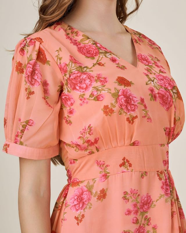Image of MOJILAA Women's Orange Georgette Draped Floral Printed Flared Dress