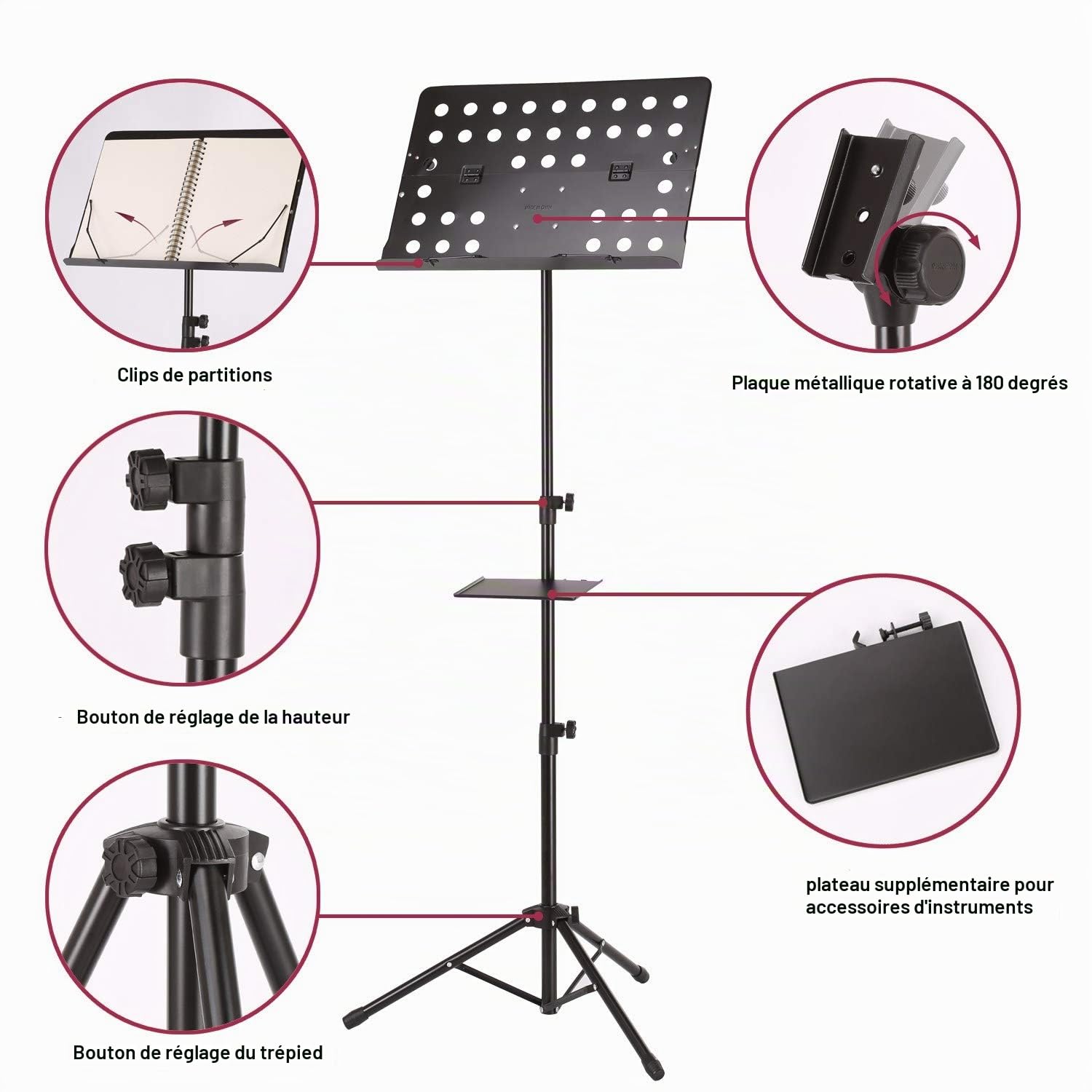 Pupitre de musique réglable et pliable en métal avec sac de transport, plateau à musique et support pour partitions de musique pour performance instrumentale