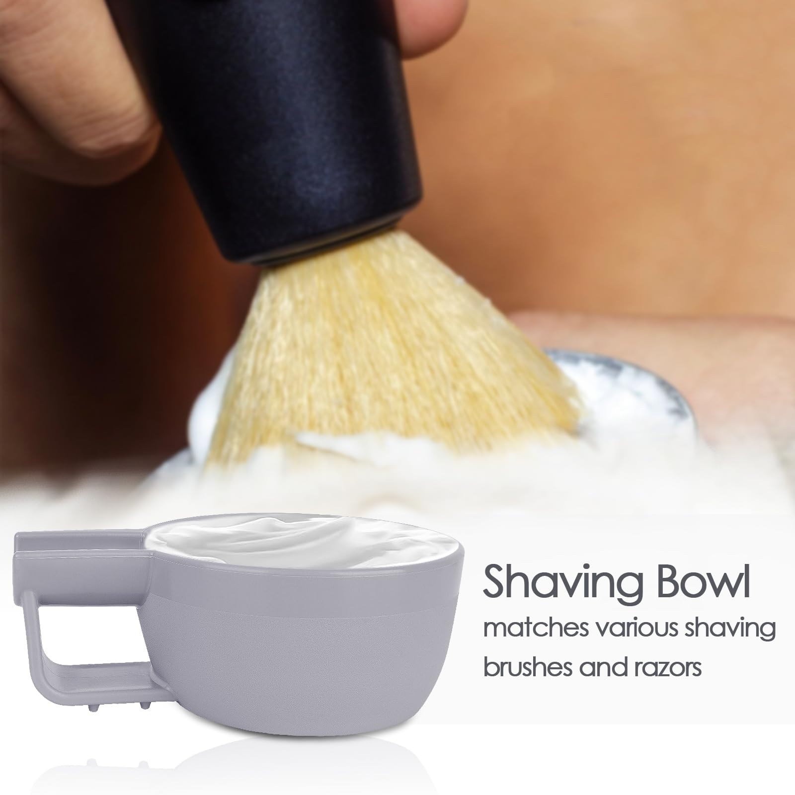 Linkidea Ciotola per sapone da barba in plastica con manico antiscivolo, bocca larga, grande capacità, creste più facili da schiumare, ciotola per crema da barba da uomo (grigio)