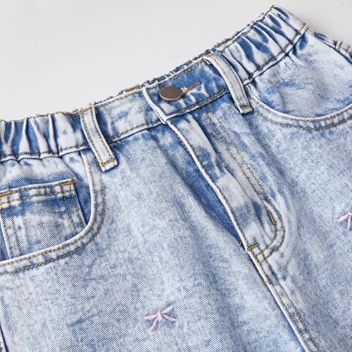 Teens Girls Bowknot Embroidery Straight Jeans Wide Leg High Waist Washed Denim Pants Baggy Comfy Casual Loose Trousers3