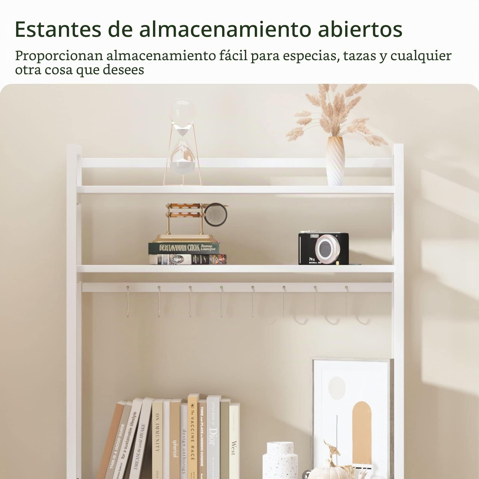 SogesHome Estantería para panadería de 5 niveles Estantería de cocina microondas con 8 ganchos para vajilla estantería de almacenamiento de madera y estructura de acero, 80 cm x 40 cm