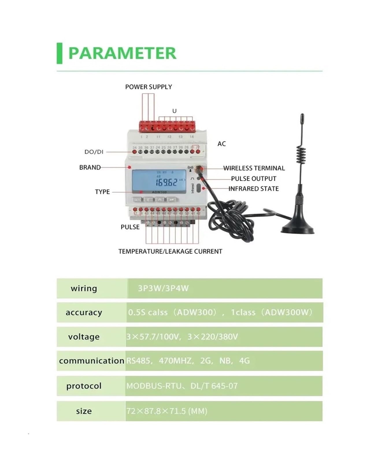 ADW300 miernik energii opcjonalny 4G 2G WiFi RS485 MODBUS-RTU 3/trójfazowy licznik energii elektrycznej (ADW300W)