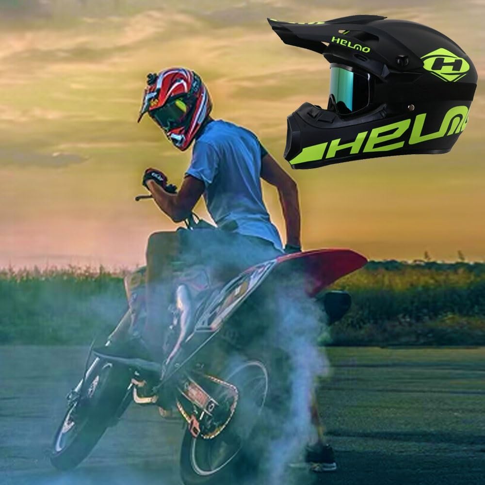 Casco Integrale da Moto Per Bambini E Adulti, Per Moto da Cross Elettrica, Quad, BMX, MTB, Fuoristrada, con Occhiali, Guanti E Maschera, Omologato DOT