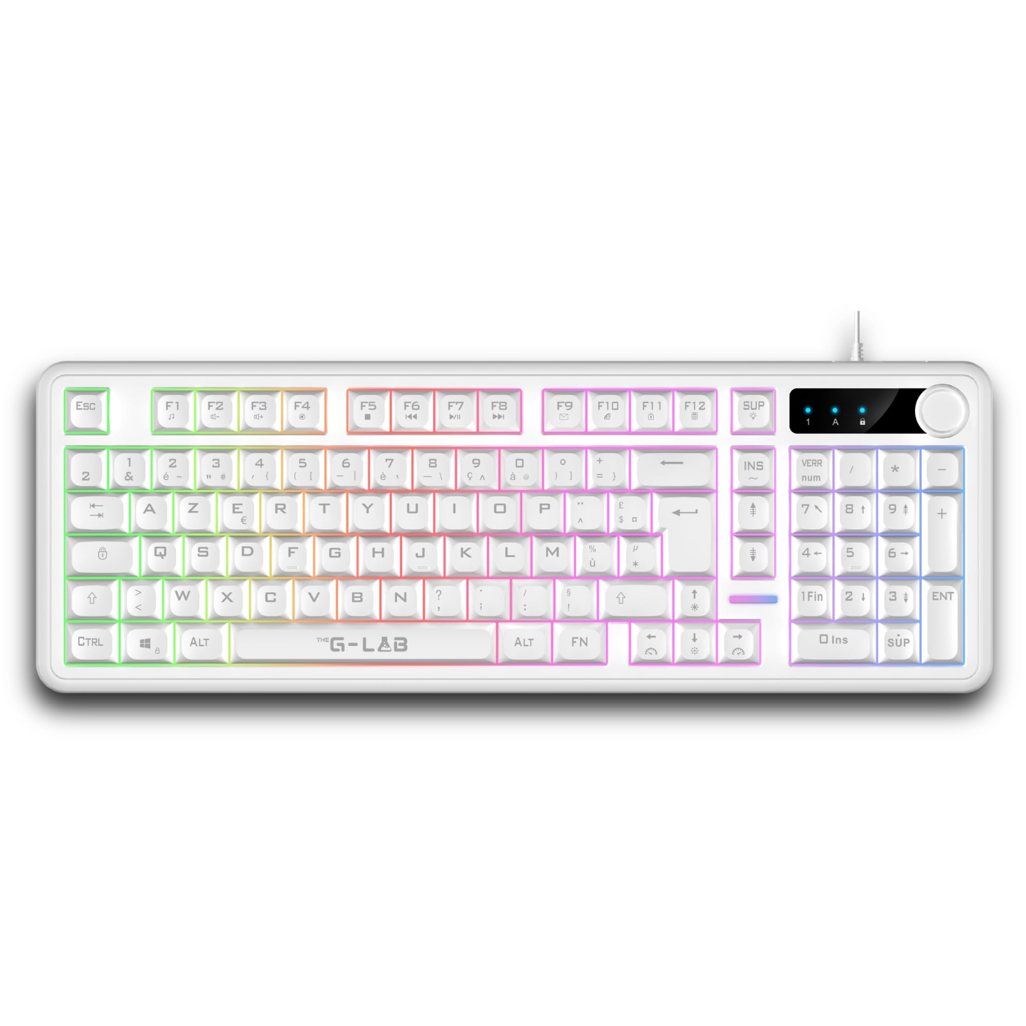 The G-Lab – Keyz Caesium EX W – Wired AZERTY 98% Gamer Keyboard – Responsive and Silent Membrane, Anti-Ghosting 26 Keys, Rainbow Backlight, Volume Wheel – Gaming Keyboard PC/Consoles