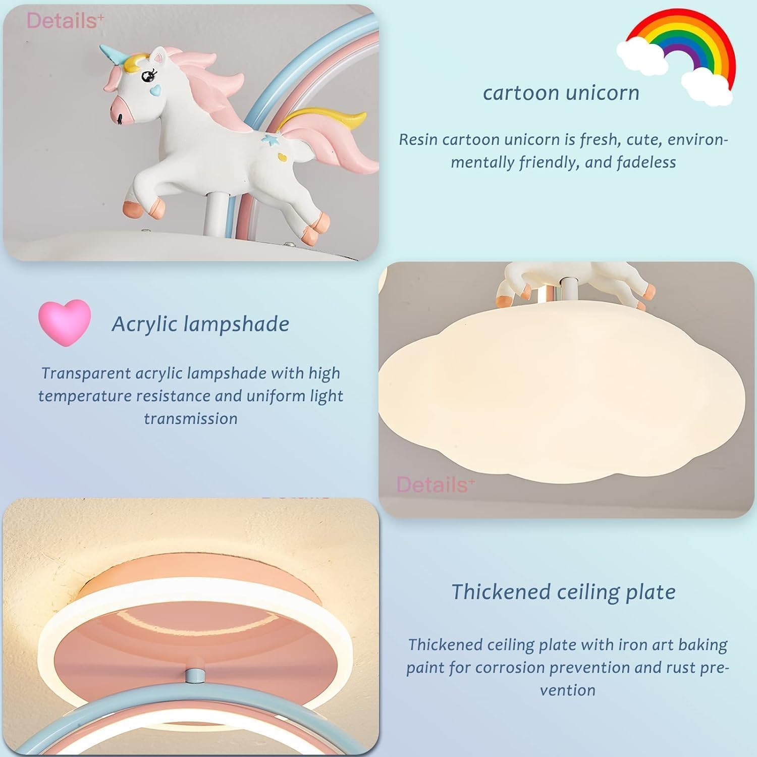 PURESILKS Pink Cartoon Ceiling Light Girls Room Lighting Fixtures,Cloud Shaped and Unicorn Model,Flush Mount Kids Ceiling Light for Kids Bedroom,Study Room