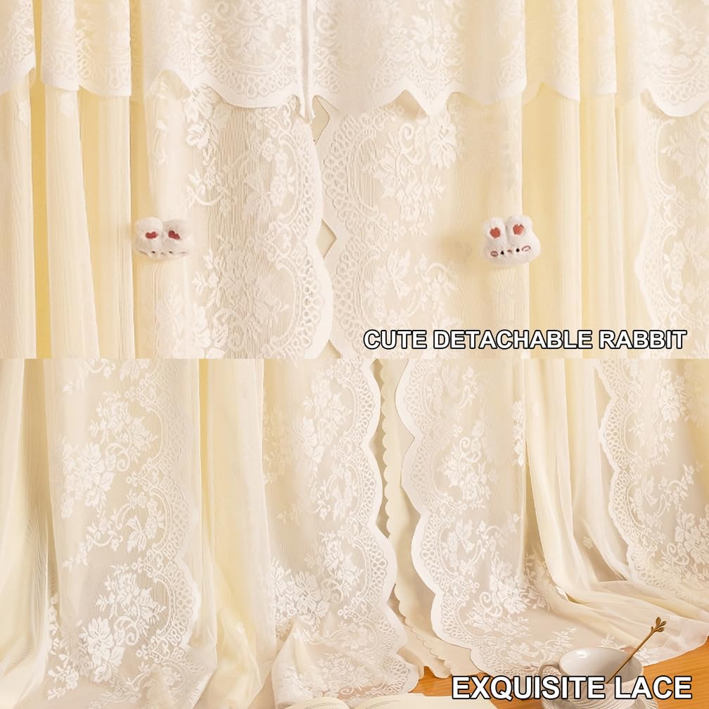 Voilages À Double Couche Beige avec Dessus en Dentelle,Léger Panneaux De Rideaux La Lumière pour La Intimité Lavés pour Chambre Salon Café Ferme,Paste,79" W x 106" L