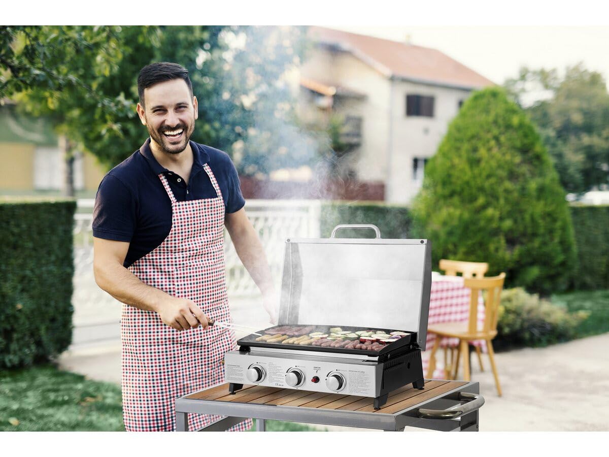 Plancha à gaz avec 3 bruleurs et Couvercle en métal Fasto - 7,5 KW - Gris