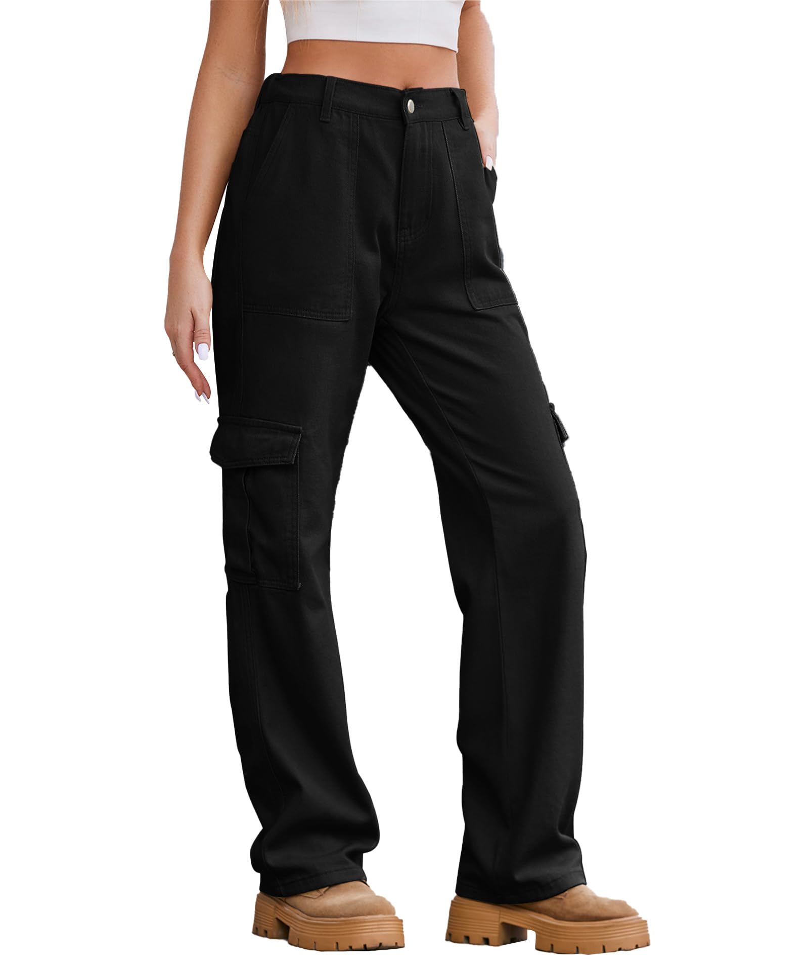 SOMTHRON Womens Cargo Pants Baggy Pull On Elastic Waist Relaxed Fit Flap Pockets Loose Y2K Straight Leg Trousers