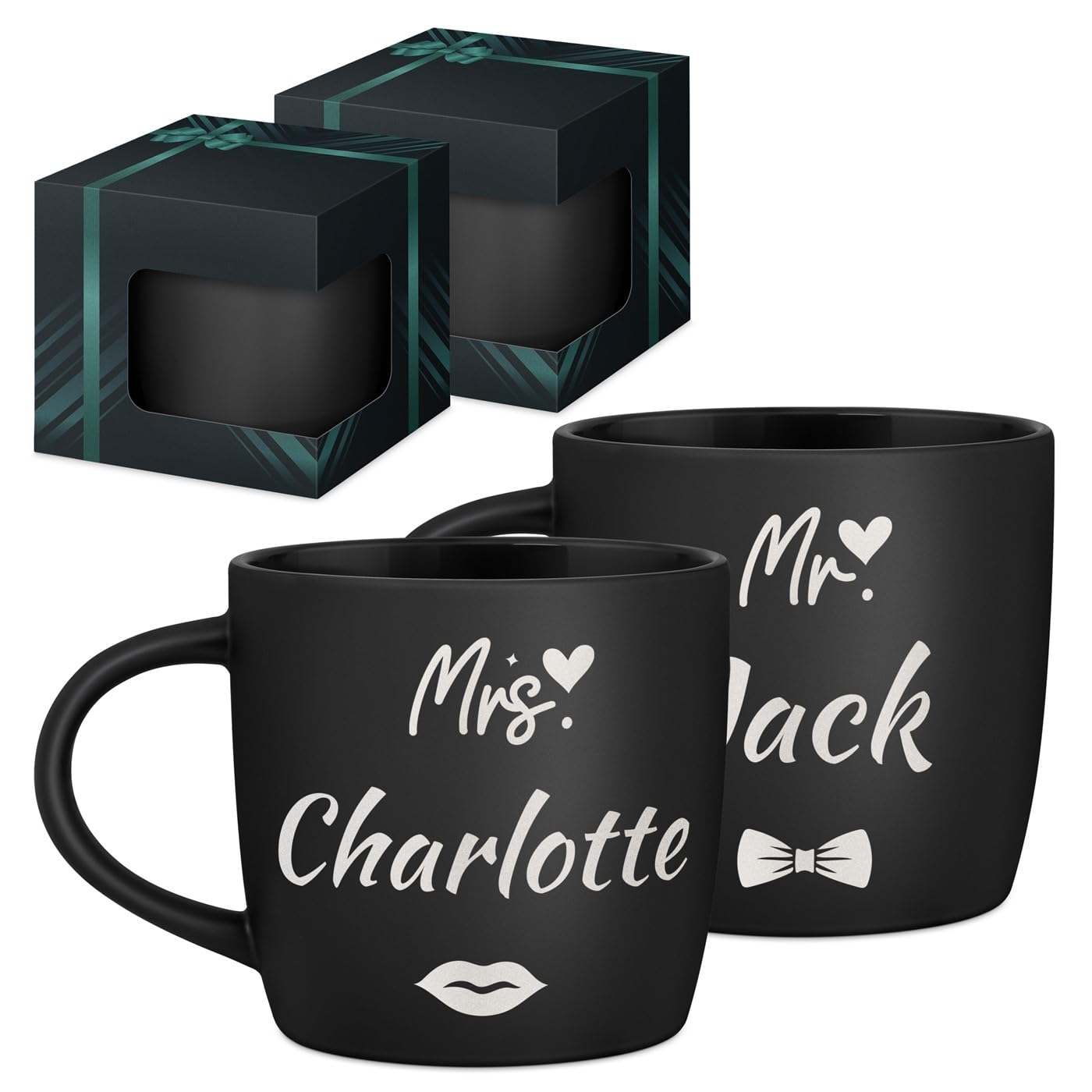 Maverton Set of 2 Cups for Friends - Customised Couple Mug Set - Matching Cups with Prints for Birthday - Housewarming Wedding Set - Coffee and Tea Mugs with Black Interior - Mr & Mrs