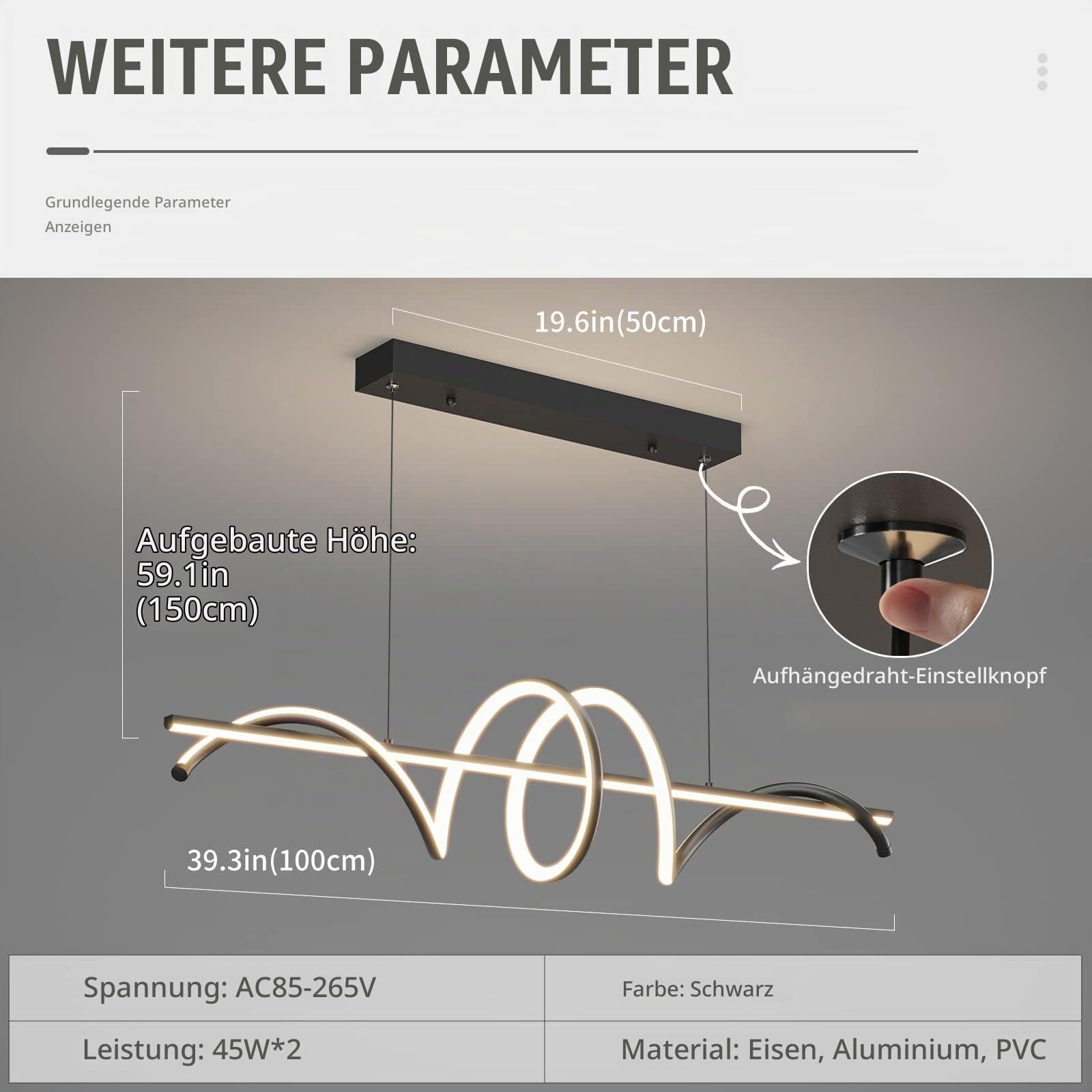 Mikeru Hängelampe Esstisch 100CM, Modern Spirale Hängelampe Schwarz LED Pendelleuchte Esszimmer Dimmbare 10%-100% 3000K/4500K/6000K Mit Fernbedienung, Höhe 150cm Einstellbar Für Küche, Wohnzimmer