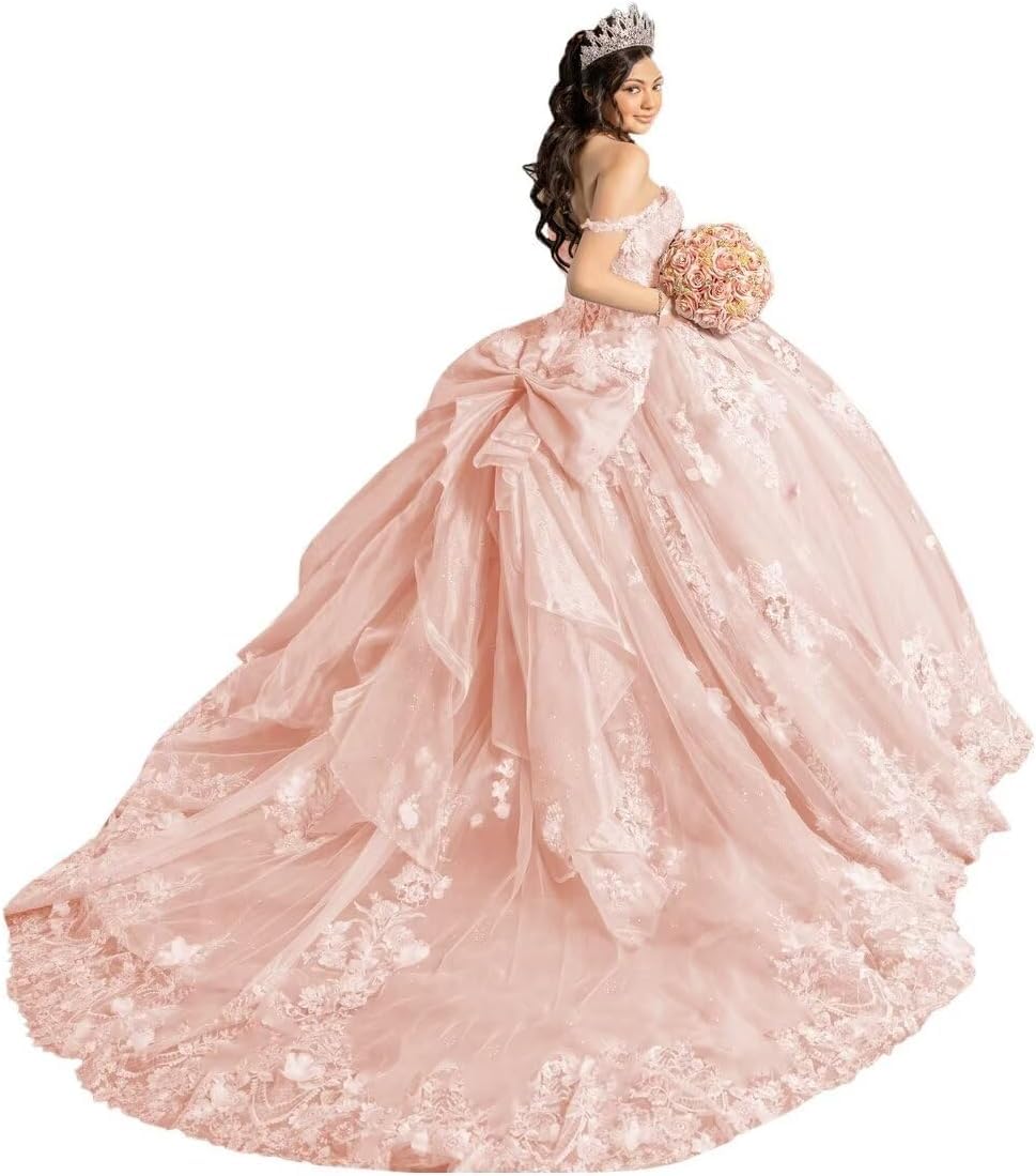 Yifanier Spaghetti Strap Quinceanera Dresses with Bow Sparkly Tulle Prom Gowns 3D Flower Quinceanera Dresses MT040 Blush Pink
