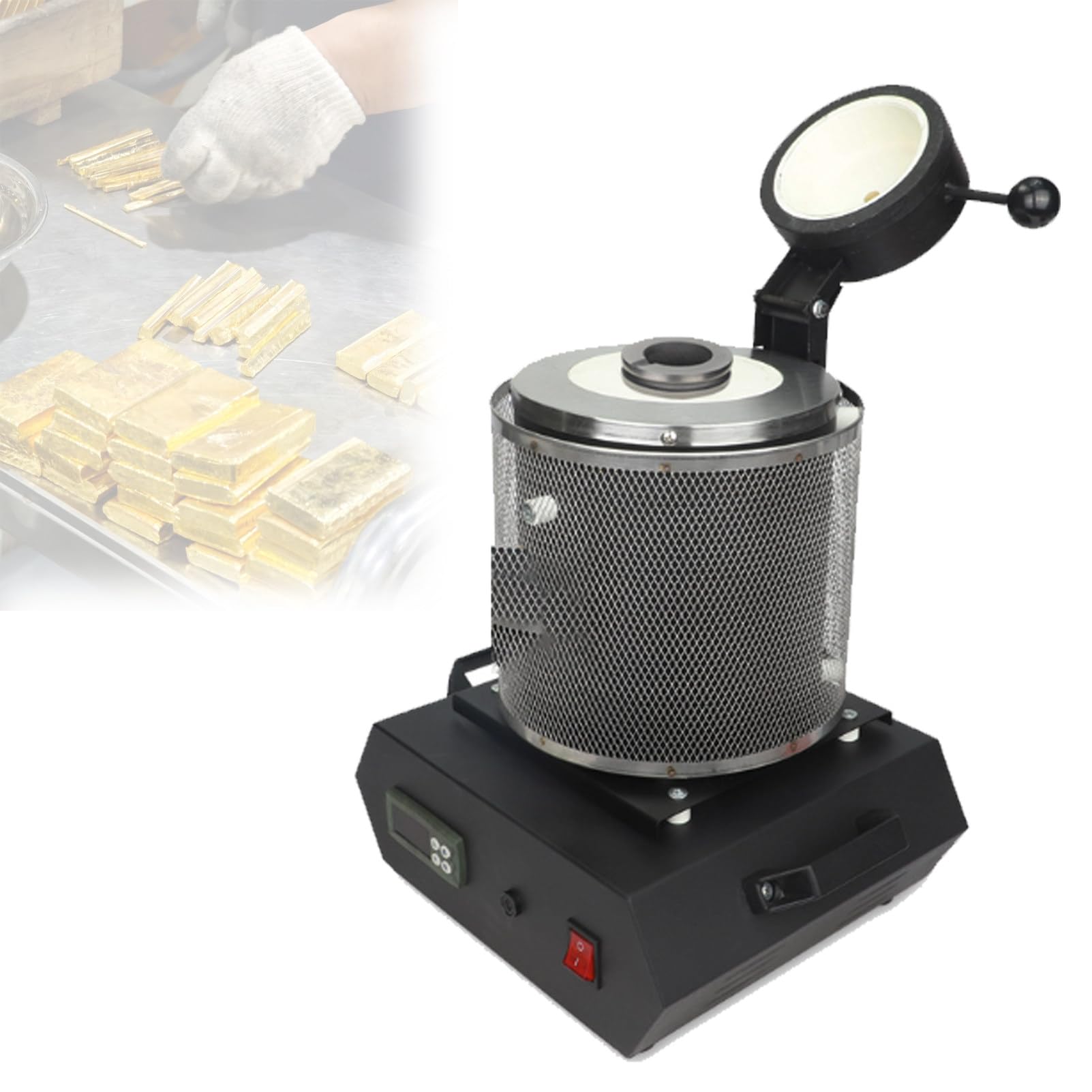 Pnpaea Electric Gold Smelting Furnace, Gold Silver Steel Smelting Machine, 1150℃ Automatic Digital Melting Furnace Machine with Graphite Crucible withSchutznetz-Black2kg