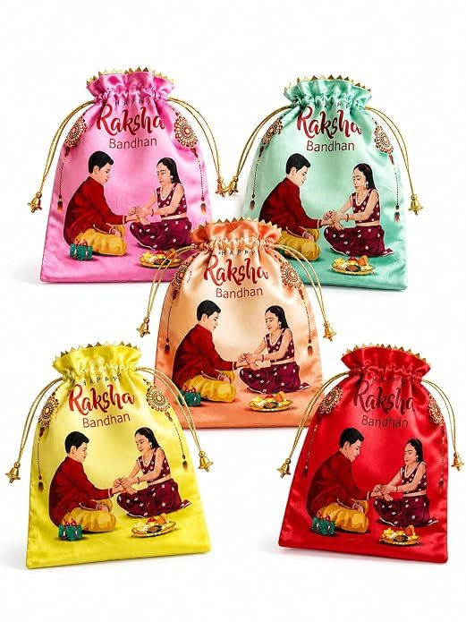 Happy Raksha Bandhan Gift Pouches Pack of 5, Random Color Potli Bags, Drawstring Gift Packaging, Rakhi Return Favor, Festival Decorations, Puja Essentials-image-35