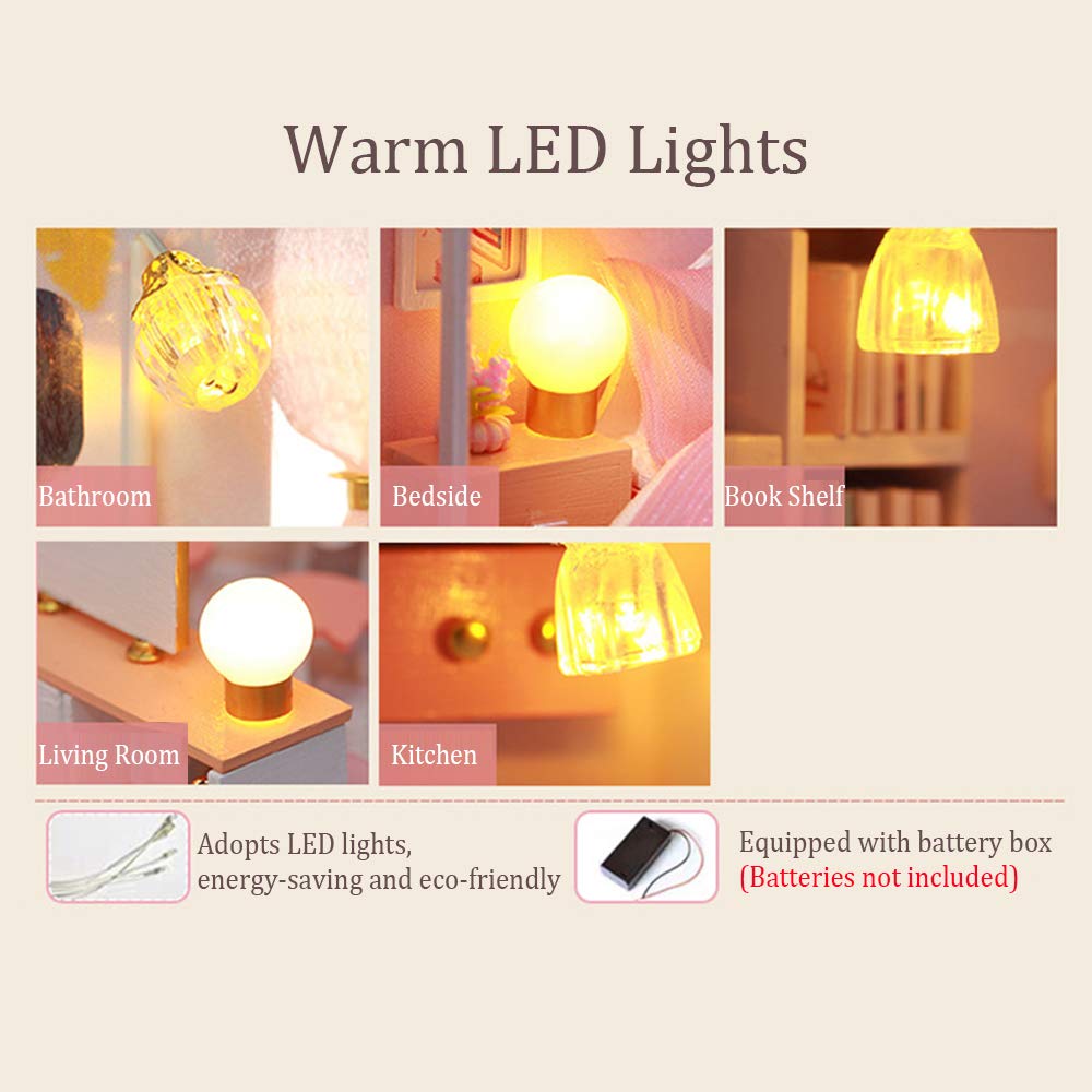 Miniaturowy Domek dla Lalek z Meblami, Drewniany Domek dla Lalek 3D DIY ze światłami LED dla przyjaciół Rodziny Dzieci (z osłoną przeciwpyłową)
