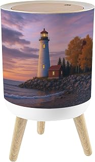 Small Trash Can with Lid Sunset Crisp Point Lighthouse 1.8 Gallon/7L Garbage Can Waste Bin with Press Top Lid Legs Waste Basket for Bathroom Kitchen Bedroom