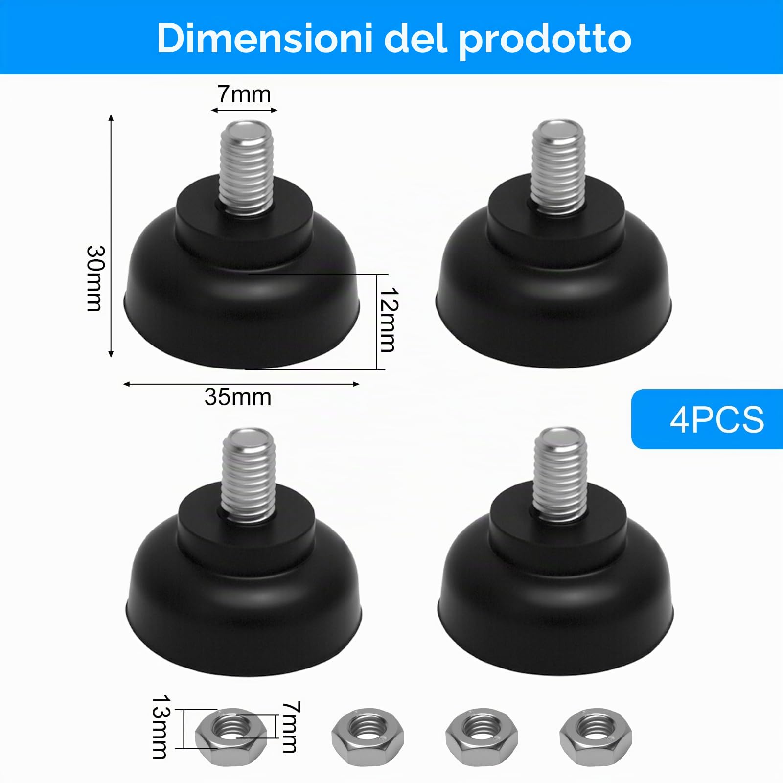 APOMOONS 4 Piedini Per Mobili Regolabili M8 X 35 mm, Ammortizzante Tamponi | Piedini Antivibrazione, Antiscivolo Gomma, con Dado Esagonale M8, per Apparecchi, Mobili e Piccoli Elettrodomestici