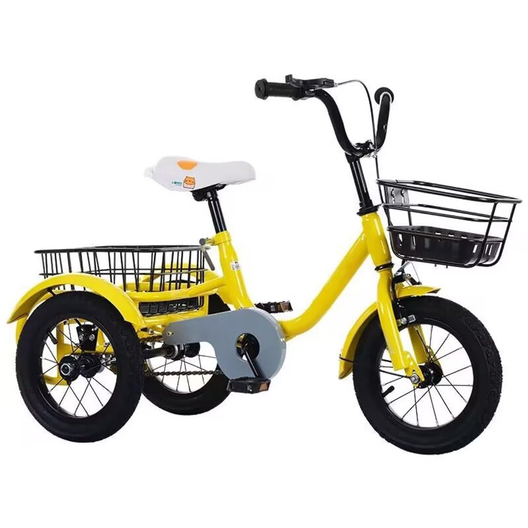 12inch Toddler Tricycle for 3-6 Years Old,Cargo Tricycle with Rear Steel Basket,3 Wheels Pedal Cruiser Trike,Sensitive Front Wheel Brake,Saddle/Handlebar Height Adjustable,Widen Wheel (Yellow 12inch)