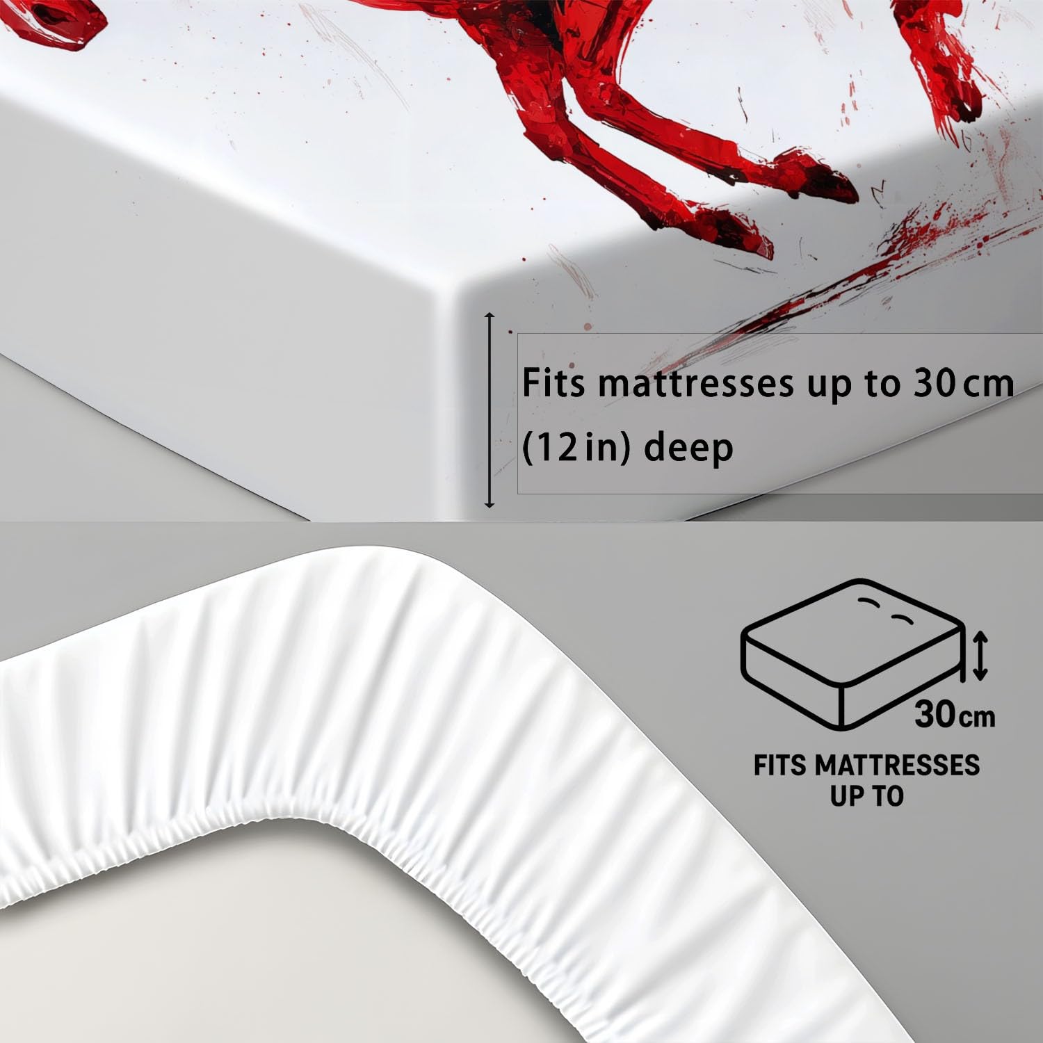 Sábana Bajera 200 x 200 x 30 cm 3 Piezas + 2 Fundas 50 x 75 cm, Microfibra Cepillada Ajustable de Bolsillo Profundo, Suave Delicada para la Piel, Rojo, Animal Corriendo Caballo