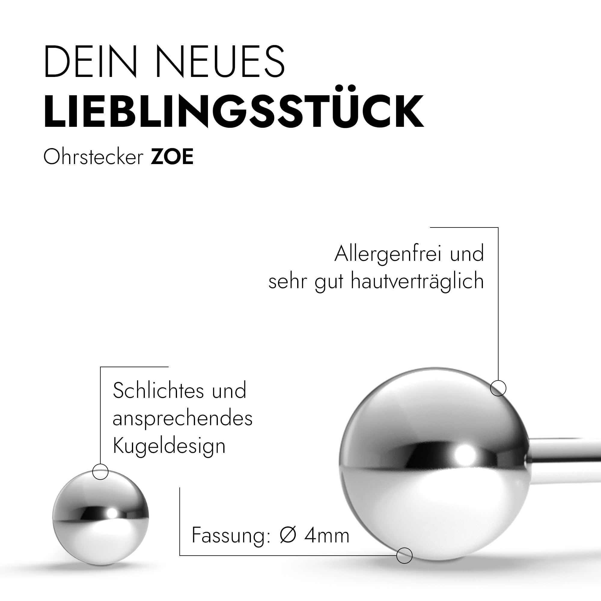 TIABELLE – Ohrstecker ZOE aus Titan – Kugel Ohrringe für Damen – allergenfrei & hautverträglich – Handmade in Germany (4mm ø und 6mm ø)