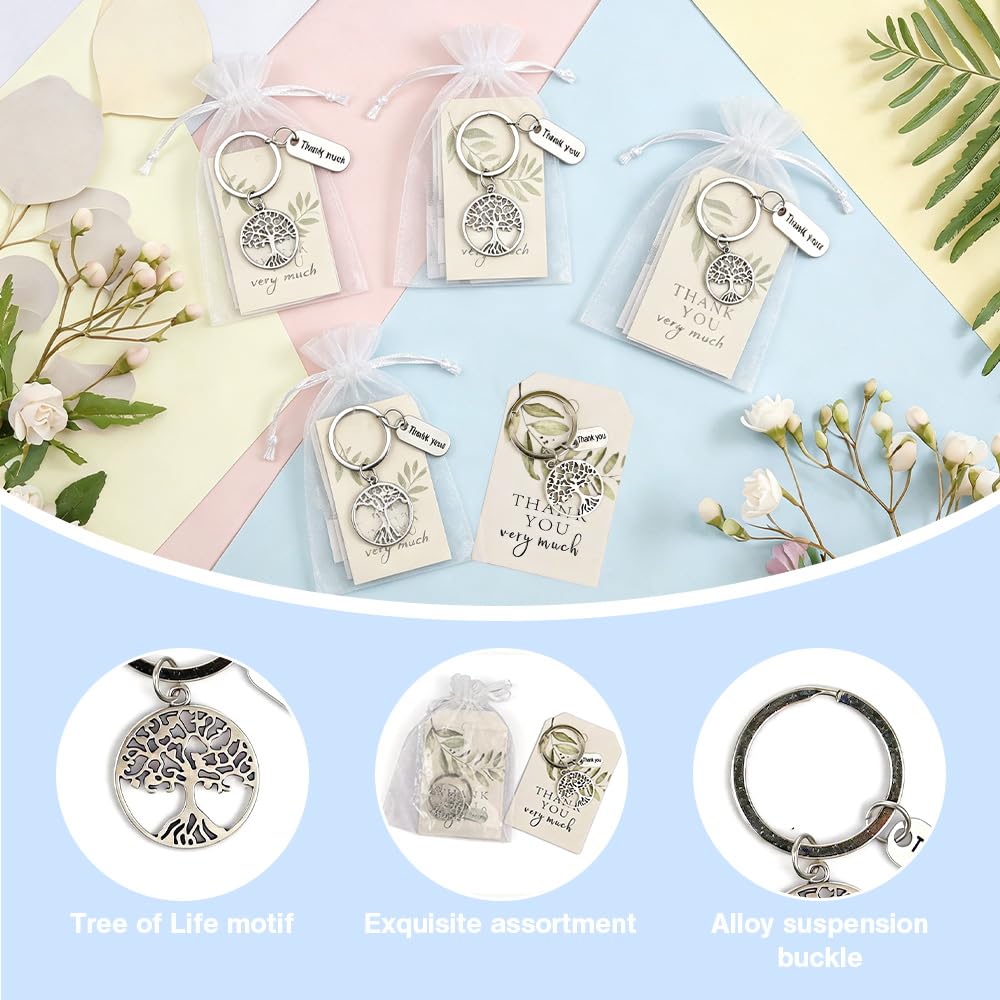 24 Pezzi Portachiavi Albero Della Vita con 24 Sacchetti Organza e Biglietti di Apprezzamento Sacchetti Albero Della Vita Portachiavi di Ringraziamento per Famiglia,Insegnanti,Laurea