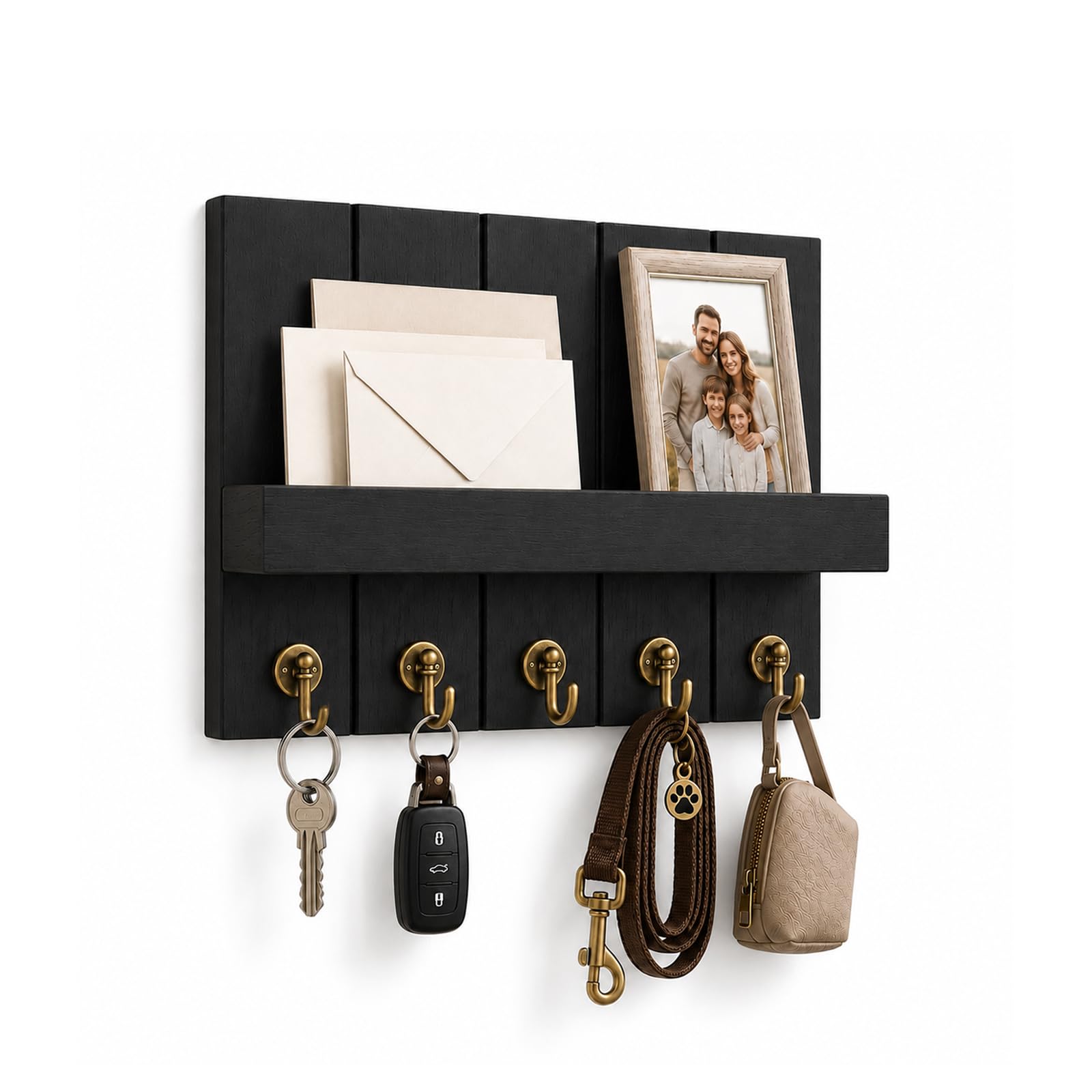 LMSAWK Decor Wood Key Rack, Key Holder for Wall, Farmhouse Wall Shelf with 5 Hooks, with Adhesive Drilling Templates, for Entrance Areas, Front Doors, Hallways, Bedrooms (Blcak)