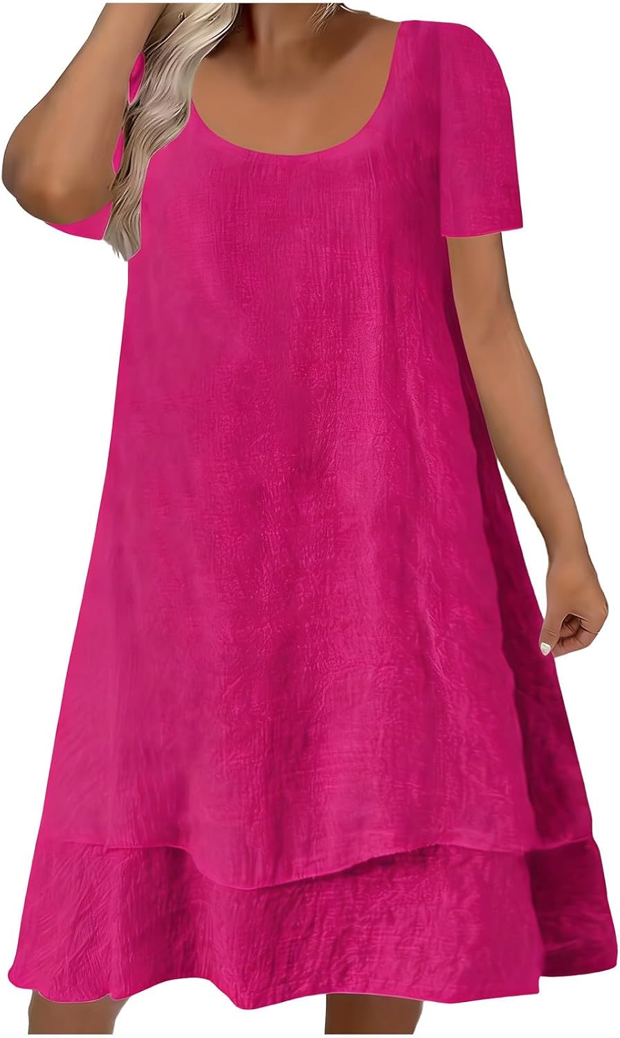 Plus Size Summer Dresses for Women Casual Short Sleeve Beach Vacation Sundresses Layered Loose Fit Solid Clothes
