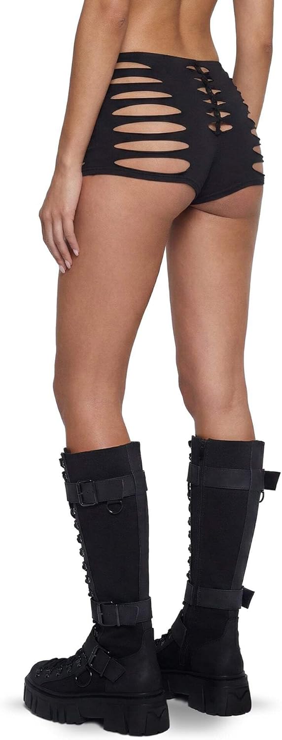 Dolls Kill Desert Down Shredded Shorts by Club Exx – Women’s Stretch Jersey Knit Festival Shorts with Cutout Sides