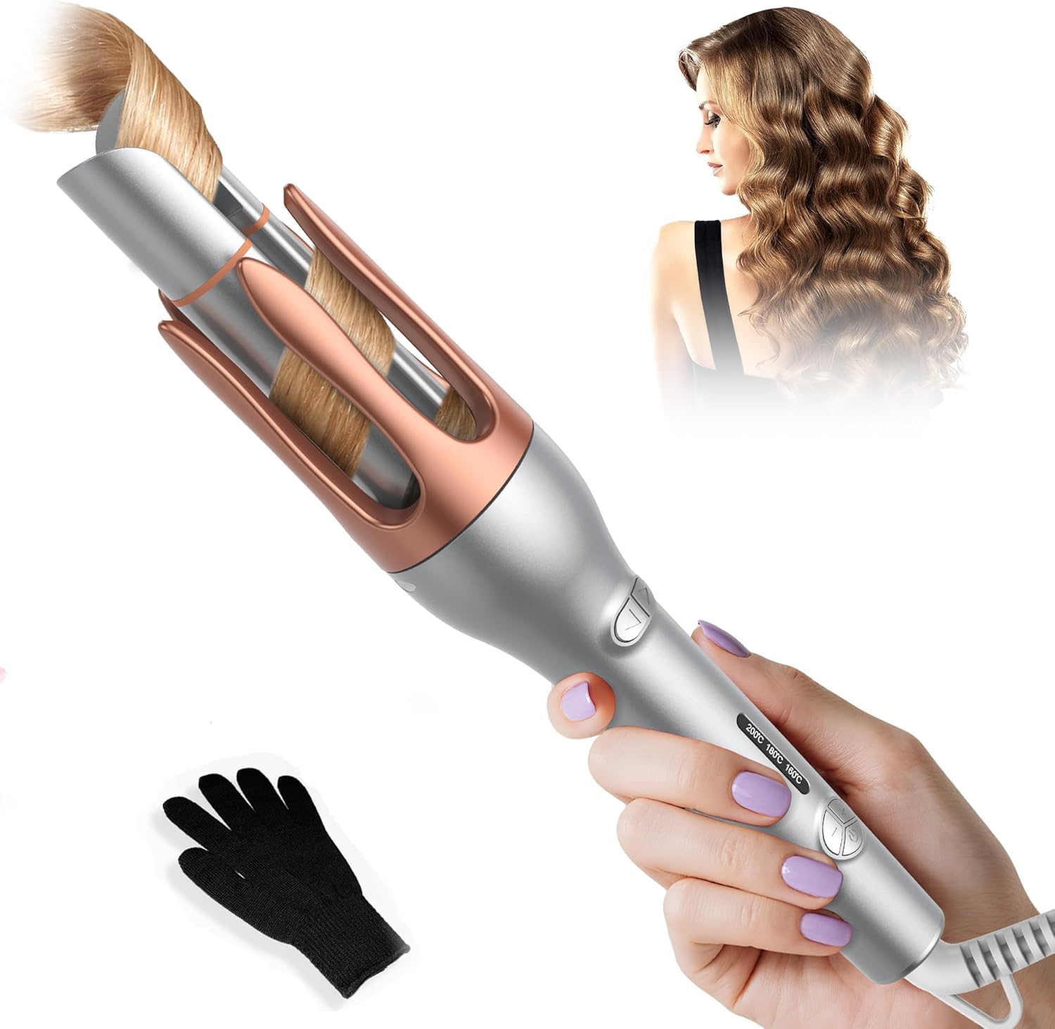 UKLISS Pro Fer à friser automatique – Fer à friser pour grandes boucles 32 mm Fer à friser automatique avec minuterie intelligente et 3 températures Écran LCD [160-200 °C] Coiffure longue durée