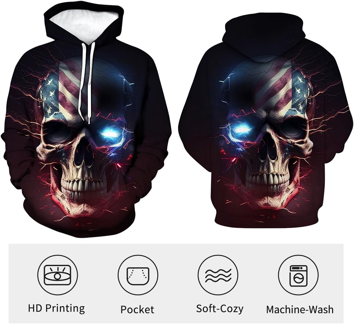 LAOLIUSN Men's Lightning Skull Hoodie Patriotic Theme Sweatshirt American Flag Graphic Pullover - Image 3