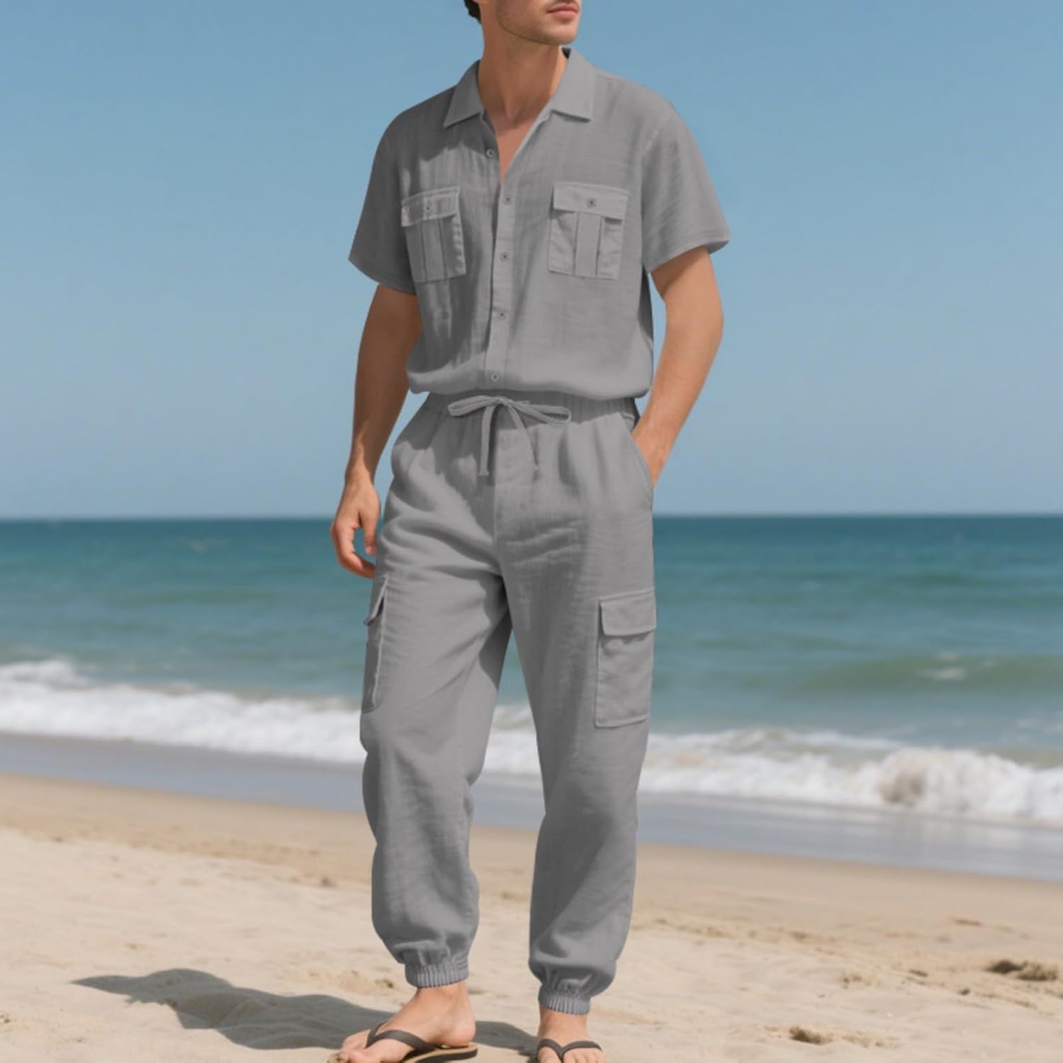 Mens Track Suits 2 Piece Set Cotton Linen Casual Outfits Short Sleeve Button Down Shirt and Pants Matching Sets 2026