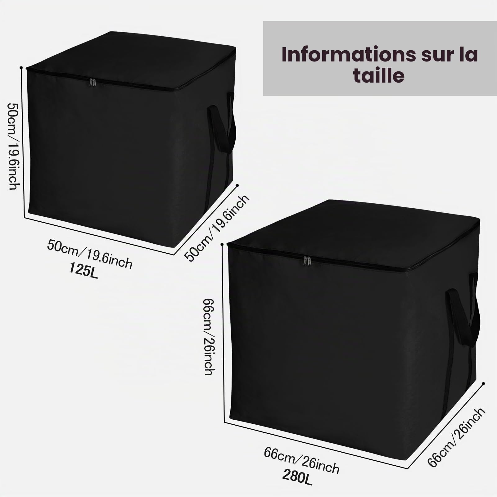 Grand sac de déménagement 125 L noir 50 × 50 × 50 cm Sac de rangement avec couvercle et poignées Boîtes de rangement à fermeture éclair Déménagement