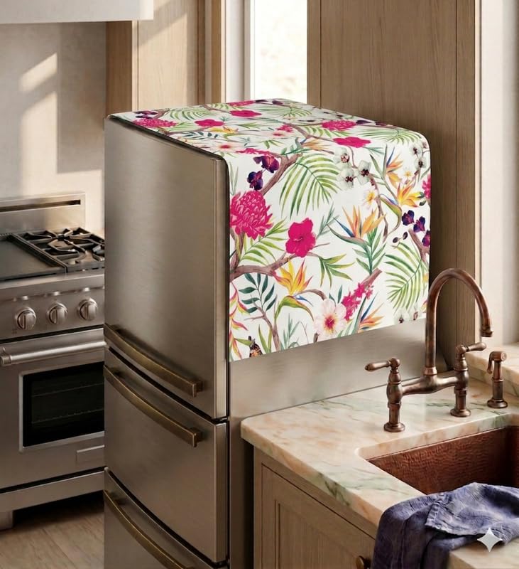 Image of Triple Door Fridge Cover for 100-250L Refrigerators | Dustproof Top Mat | Floral Fabric | Stylish Fridge Top Cover for Triple Door Models | Protective Refrigerator Cover|WWW.THROWPILLOW>IN