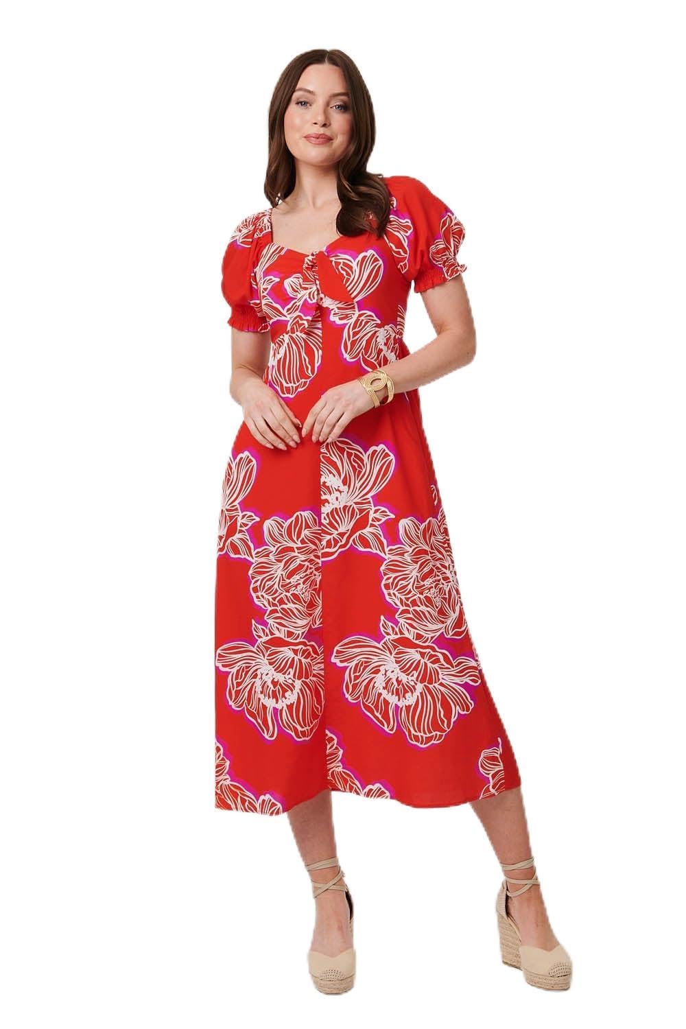 Izabel London Red Floral Puff Sleeve A-Line Midi Dress - 12