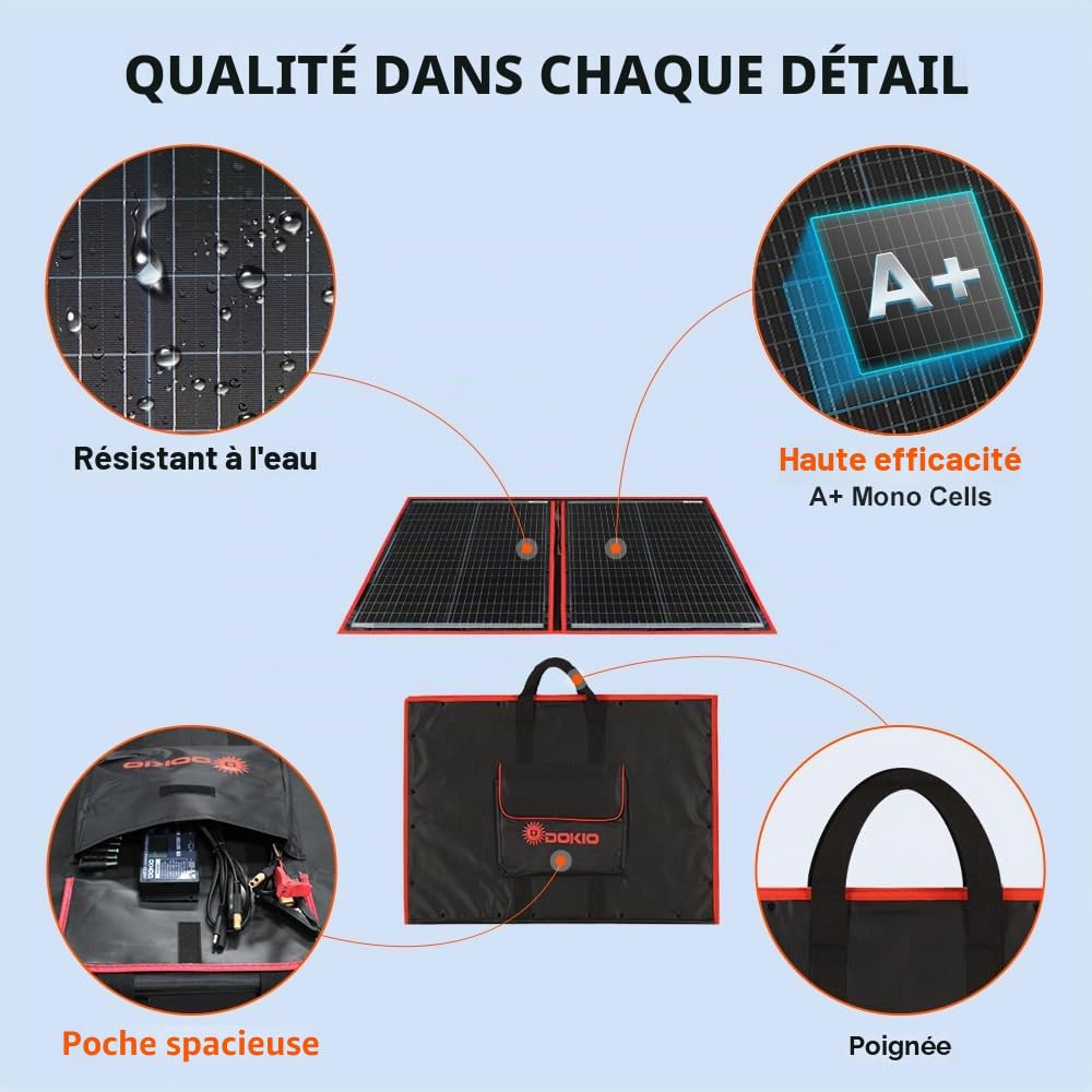 DOKIO Panneau Solaire 100W 12V PLIABLE MONOcristallin AVEC INVERSEUR Solaire 2 ports USB Pour Plein air