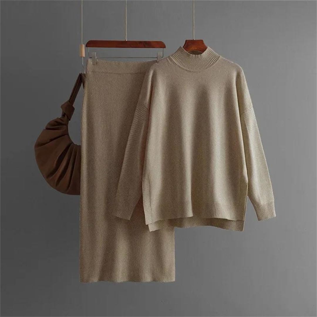 Women Half Turtleneck Knit Sweater Pullover Tops Slim Straight Skirts Suits Knitted 2 Piece Sets