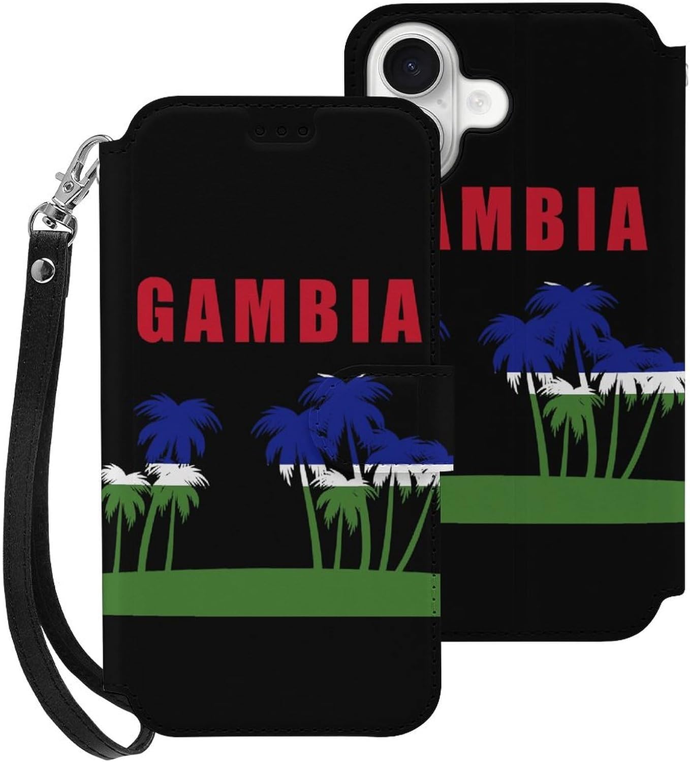 Palm Tree Gambia Flag Compatible with iPhone 16/16 Plus/16 Pro/16 Pro Max/16 E Case Phone Wallet Card Holder Flip Cover with Wrist Strap