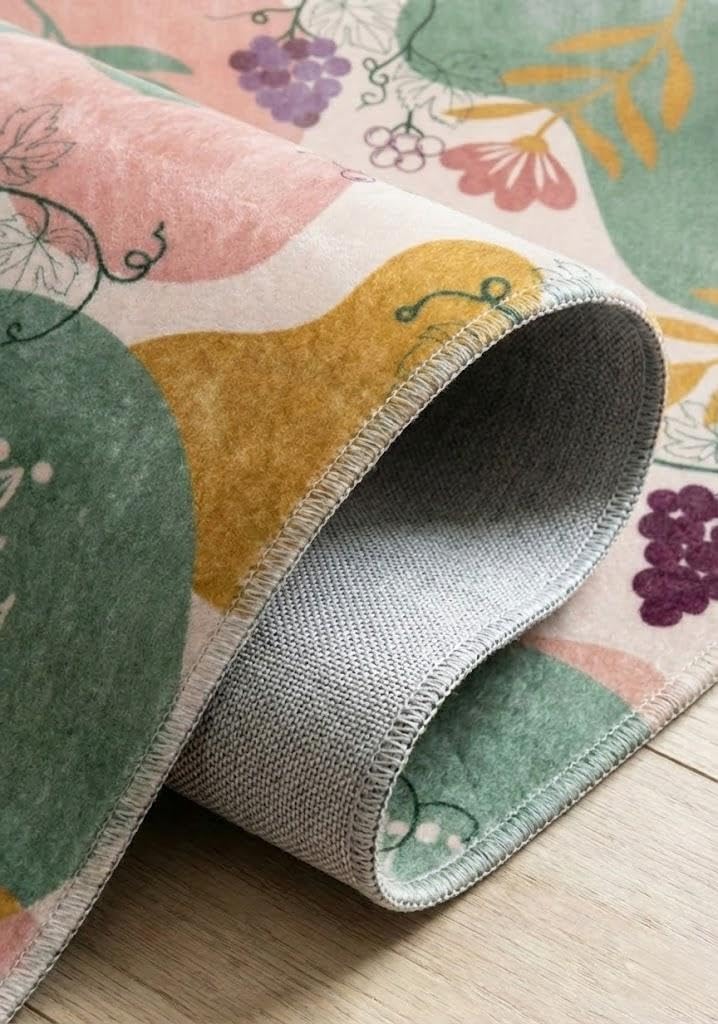 5x7 Area Rug for Living Room, Boho Cream sage Green Pink Abstract Grapes & Floral Botanical Pattern, Non Slip Washable Backing, Foldable Machine Washable Rug Bedroom Dining Room