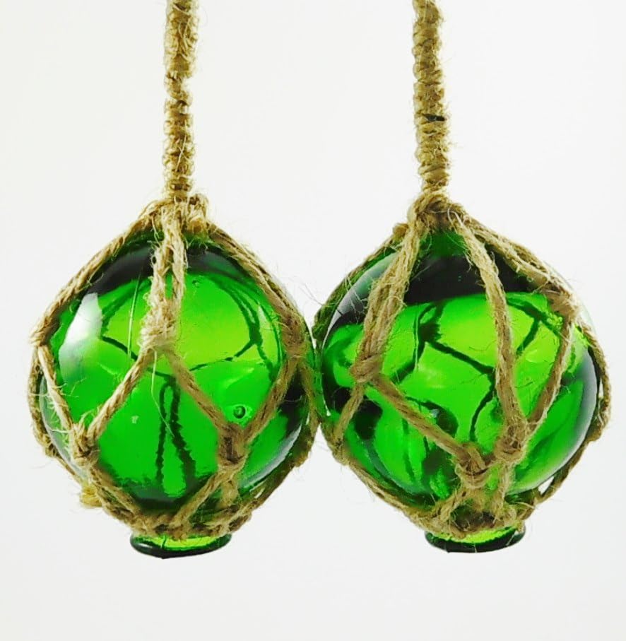 Glass Float Two Nautical Buoys 2"/5cm Dia With Rope Hangers 2 x Green | 15215green