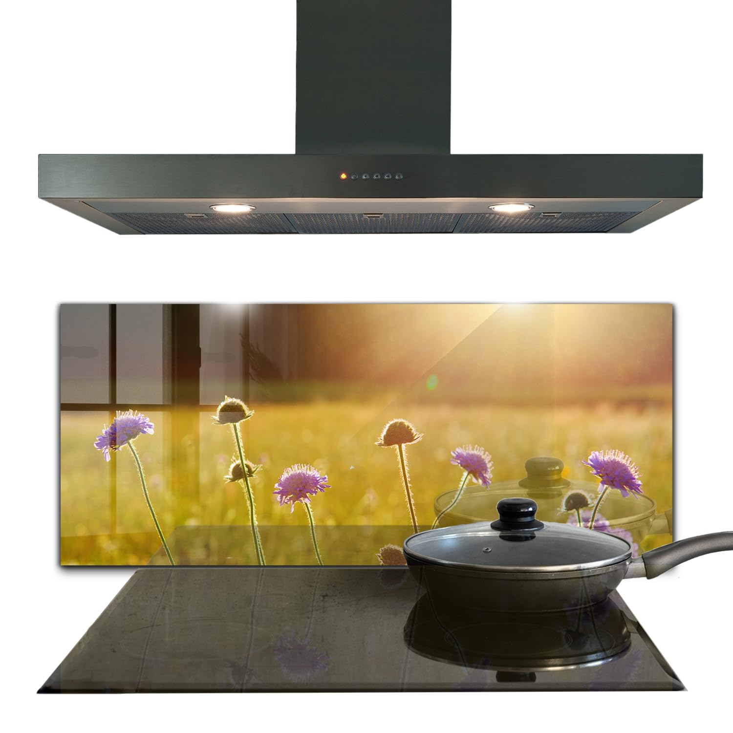 Panneau de cuisine 125x50 cm en verre trempé autocollant au motif fleuri d'été Wallfluent