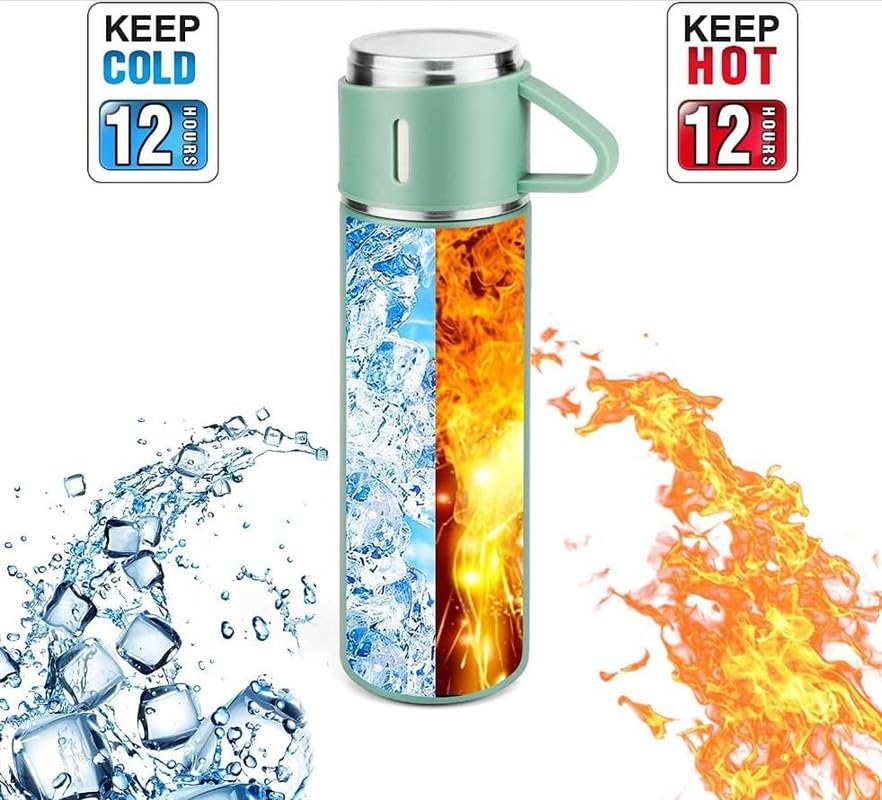 Image of 500ml Vacuum Insulated Stainless Steel Flask Set with 3 Cups Leakproof Double Wall Bottle for Tea Coffee Water Travel Office Gift Set Green