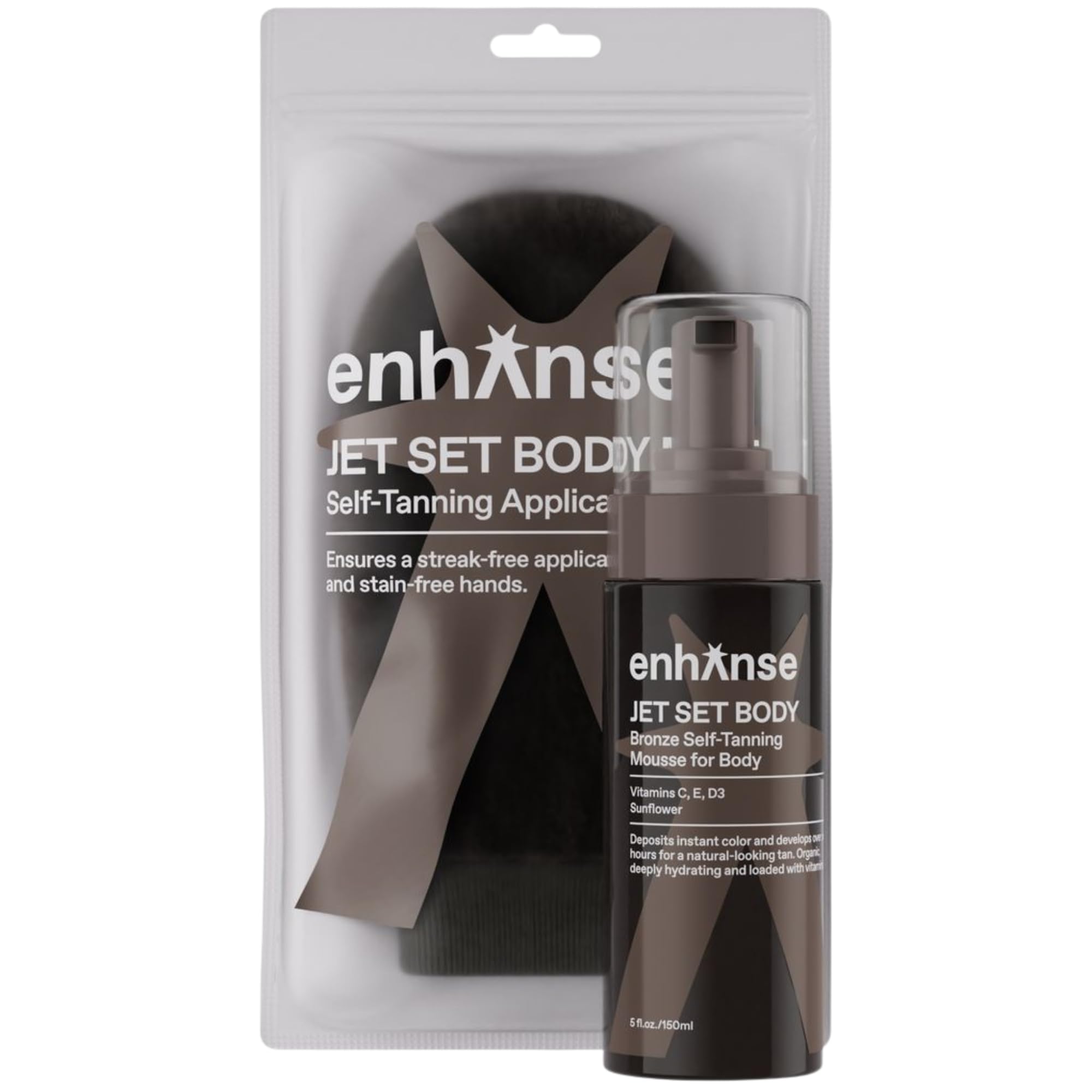 Jet Set Body Express Self Tanner Mousse & Tanning Mitt for Men, Hydrating Self Tan, Vitamin C E D3, Perfect Vacation Prep, Develops in 1-3 Hours, Anti Orange Streak Free Tanning, 5 Fl Oz