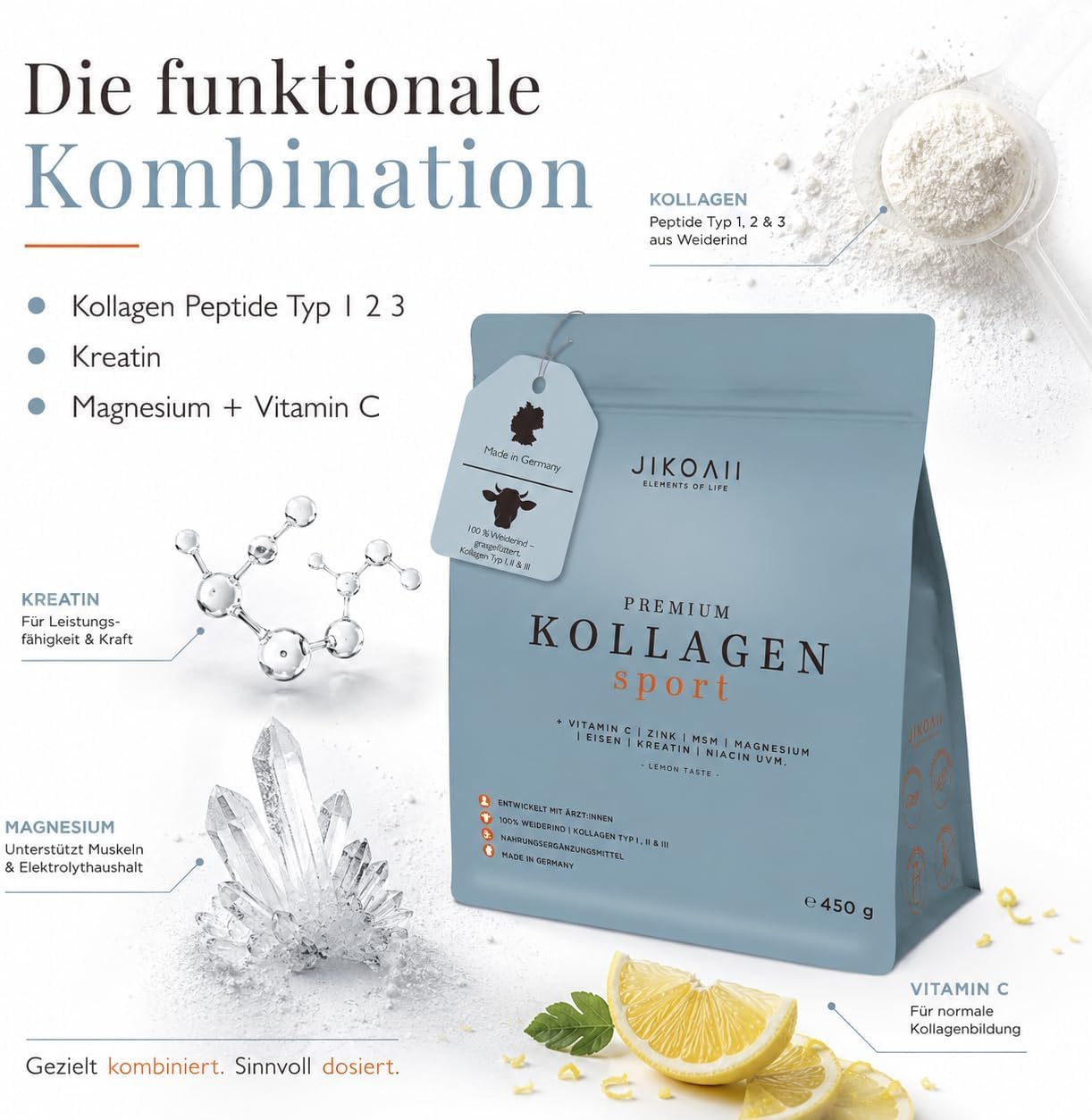 Kollagen Pulver Sport, Kreatin Magnesium MSM, 450 g, Lemon | Vitamin C, Collagen Peptide Typ I II III aus Weiderind, Kreatin Magnesium MSM, für aktive Menschen, Training & Regeneration