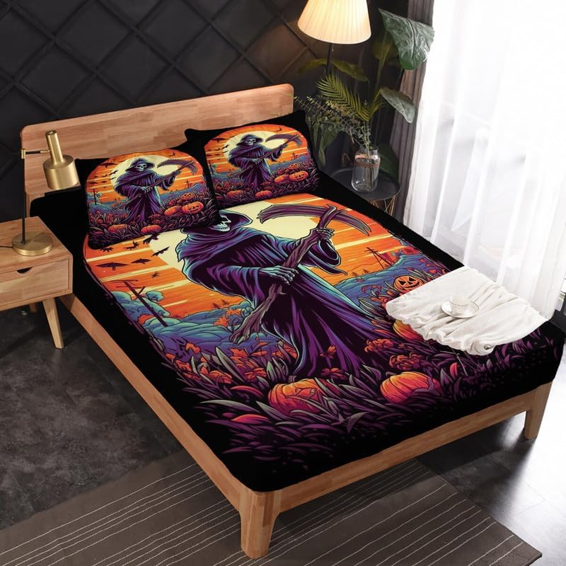 Miniatura 2 de Grim Reaper - Juego de sábanas tamaño King, sábanas de calabaza de Halloween, microfibra suave y bolsillo profundo, sábanas y fundas de almohada