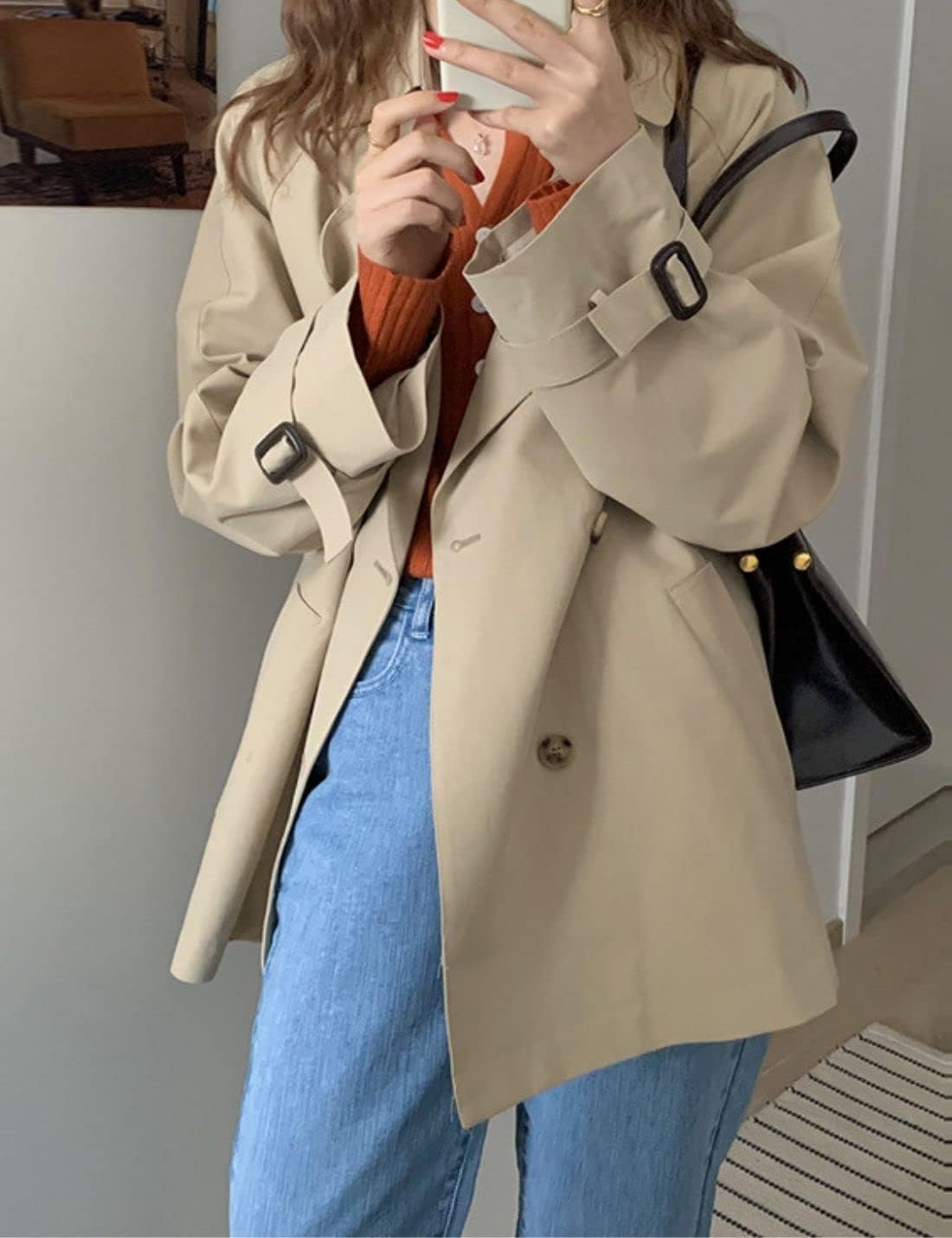 Kwoki Women's Double Breasted Short Trench Coat Long Sleeve Casual Button Lapel Overcoat