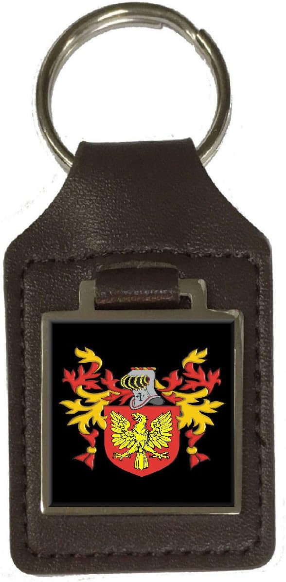 Wellings Family Crest Surname Coat of Arms Brown Leather Keyring Engraved