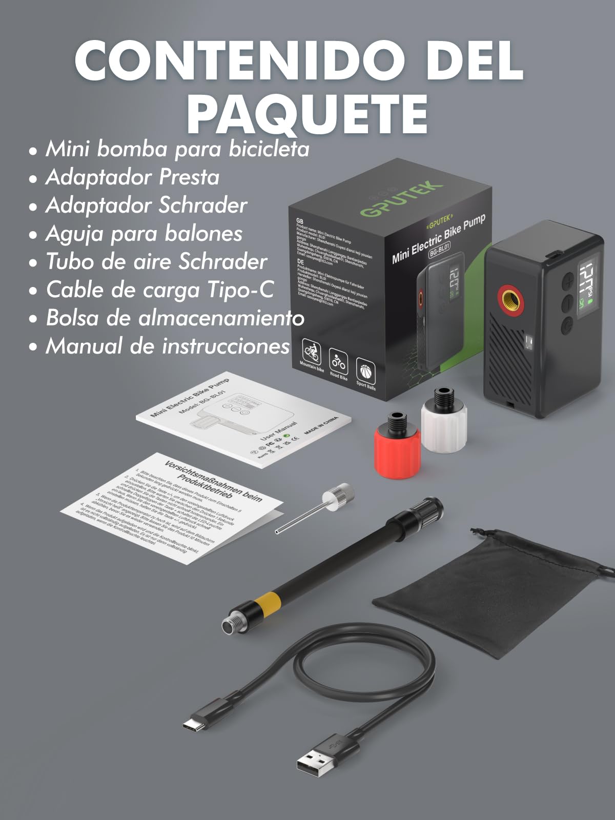 GPUTEK Bomba De Bicicleta Eléctrica, Bomba De Aire Portátil De Alta Presión De 120 PSI para Bicicletas Pequeñas con Medidor Digital para Válvulas Presta Y Schrader De Bicicletas De Carretera