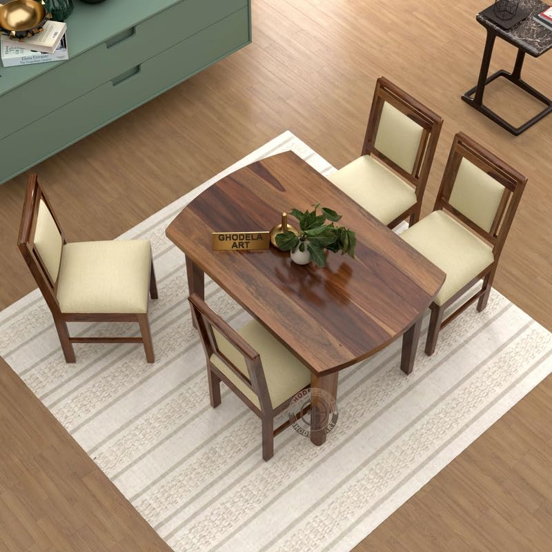 Image of Sheesham Wood Oval Dining Table with Cushion Chairs Set for Home Hall | Solid Wood Dinner Table with Chairs for Hotels | Dining Room Sets (Natural Finish 1, 4 Seater)
